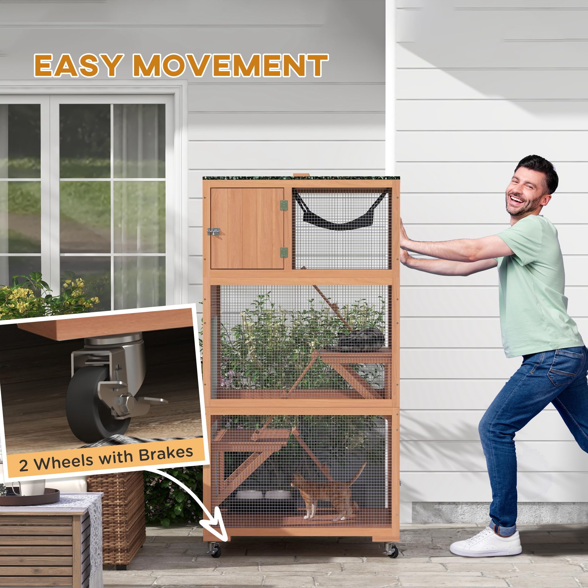 Pawhut 2 Piece Catio, Outdoor Cat Enclosure House, Wooden Feral Cat Shelter On Wheels, Cat Cage With Hammocks, Platforms Ramps,